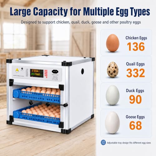 136 Egg Cabinet Incubator with Automatic Turner, Digital Temperature & Humidity Control, External Water Refill System, LED Display Hatching Machine for Chicken Duck Goose Quail & Pigeon Eggs