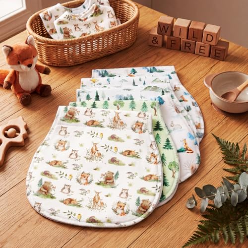 SmoothNovelty 5 Pack Woodland Animal Baby Burp Cloths Soft Absorbent Burping Rags for Newborns 19"x9" Spit up Cloths for Boy Girl Newborn Baby Shower Registry Gifts Set Nursery Decor - style: Woodland Animal