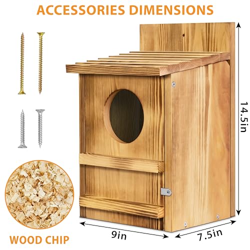Barred Owl House, 9" x 14.5" Large Owl Bird Box Handmade, Brown | Wooden Circular Opening for Outside with Mounting Screws and A Bag of Wood Shavings, Easy Assembly Required, Easy to Clean - color: brown, size: 9" x 14.5"