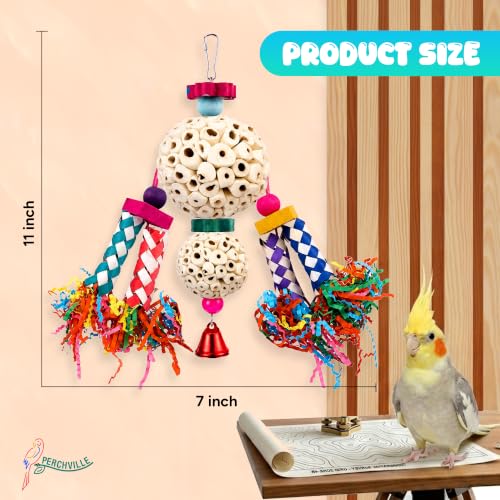 Multi-Texture Bird Parrot Shredding Foraging Hanging Toy with Natural Sola Balls, Chew Shredding Paper Forage Toys, Bamboo Finger Traps for Birds Large Parrots, Conures, and Cockatiels