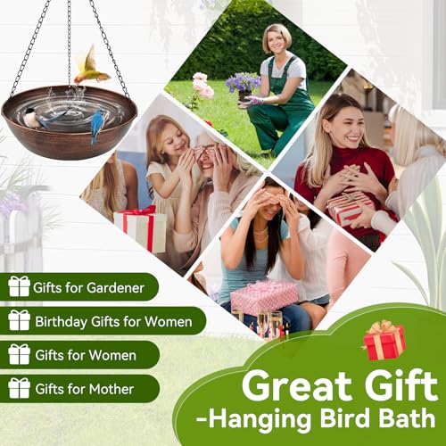 13" Metal Hanging Bird Bath with Chains and Hook | 3" Deep Bowl, 1.4Gal Capacity, 3 Chain Support, Easy Cleaning, Rust Resistant, Birdbath or Bird Feeder Garden Decor