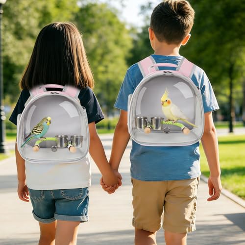Small Bird Travel Backpack Carrier Cage with Cups, Backpack to Transport Backpack Carrier with Clamp Cups Stand Perch for Parakeet Cockatiel Budgies Vet Carry Book Bag Pink - color: Pink