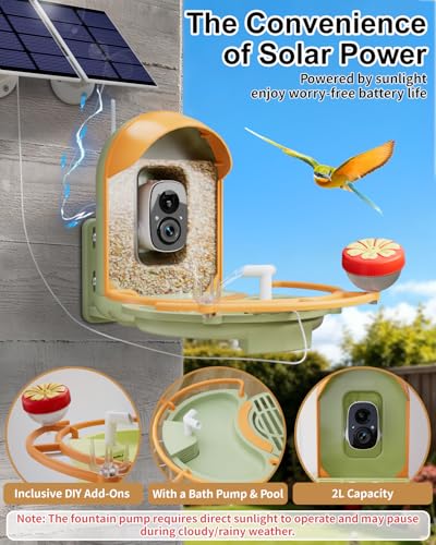 Bird Feeder with Camera, Smart Birdfeeder with Cam Solar Powered, 2K HD Video, AI Identification, Instant Arrival Alerts, IP66 Bird Bath & Feeder,Gift for BirdLover (with Pump, Green) - color: Green, style: With Pump
