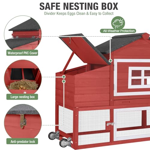 Chicken Coop with Wheels,Outdoor Hen House with Waterproof Asphalt Roof, Wooden Poultry Enclosure with Easy-Clean Slide-Out Tray,Poultry Cage with Nesting Boxes for Duck Rabbit Chicken(Red)
