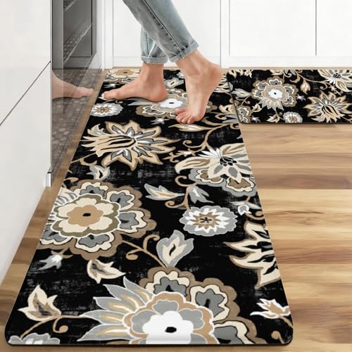 Boho Floral Anti Fatigue Kitchen Rugs, 17.3"x47"+17.3"x29" | Non Slip Comfort Washable Waterproof Black Paisley Farmhouse Bohemian Decor Mat for Floor, Set of 2 for Home, Sink, Laundry - color: Black Paisley Floral
