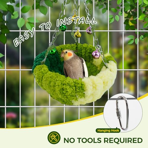 Admaison Bird Nest with Bell for Cage,Plush Hanging Bird Bed for Parakeet Indoor & Outdoor,Breeding Bird House for Conure,Budgie,Cockatiel,Lovebird,Canary,Finch,Hamster,Small Pets,Warm Nest,Green S - color: Green+Bell, size: S