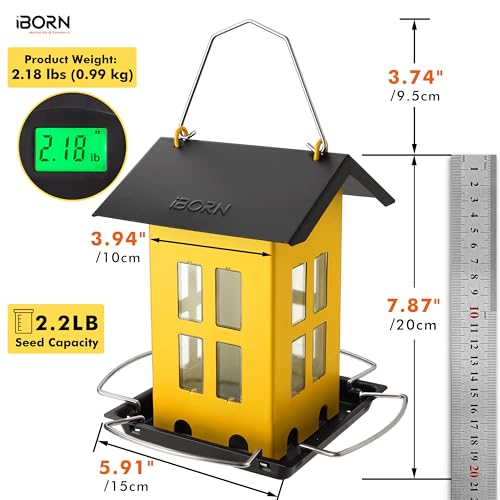 iBorn Bird Feeder House, Metal Bird Feeders for Outdoors Hanging,Double-Sided Metal Hanger & Weatherproof, Easy to Clean & Refill, 2.2 Lbs Capacity, Yellow - color: Yellow