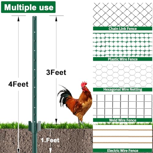 Amagabeli Heavy Duty Metal Fence Posts 4 Feet 10 Pack No Dig Garden U Post Stakes for Wire Fence Temporary Fencing Electric Fence Wire Safety Fence Mesh Fence Garden Fencing T Post for Yard Green - size: 4 Feet Post