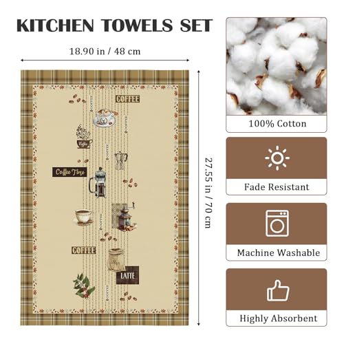 Coffee Tea Towels, 100% Cotton Kitchen Towels, Vintage, Set of 4 | 18.9 x 27.5 in / 48 x 70 cm, Lightweight Woven Dish Cloth with Coffee Print for Coffee Lovers, Hostess Gift - color: Coffee