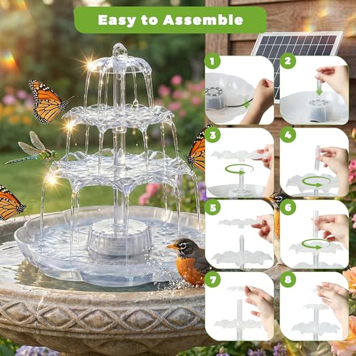 AISITIN 6.5W Solar Bird Bath Fountains with Lights, 3 Tiered Bird Bath | Solar Water Pump Upgraded Detachable DIY Solar Powered Fountain for Garden, Patio, Yard and Pond - color: White