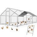 Large Metal Chicken Coop with Roosting Perch and Cover | Spire roof chicken run with waterproof UV-resistant cover, 10' W x 19.7' L x 6.4' outdoor poultry cage - size: 240.0"L x 120.0"W x 76.8"H
