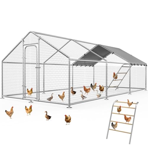 Large Metal Chicken Coop with Roosting Perch and Cover | Spire roof chicken run with waterproof UV-resistant cover, 10' W x 19.7' L x 6.4' outdoor poultry cage - size: 240.0"L x 120.0"W x 76.8"H