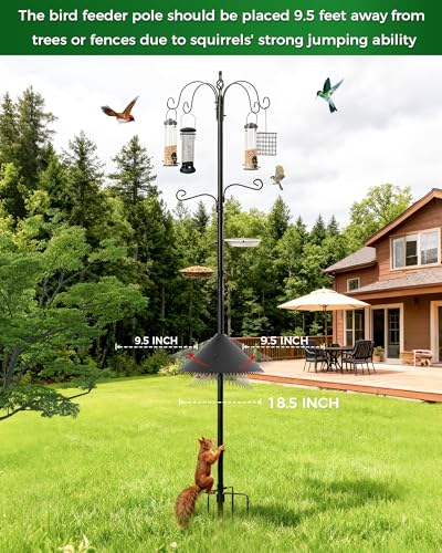 Bird Feeding Station, 94 Inch Wild Bird Feeders Pole with Wide Squirrel Baffle, 6-Hook, 4 Feeders, Water and Mesh Tray Humming Bird Feeders Stand for Outdoors Courtyards Gardens