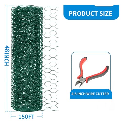 48'' x 150' Green Chicken Wire Fencing, 1 inch Chicken Wire and 19 Gauge Poultry Netting, Garden Mesh Fence Roll for Floral Arrangements/Crafts/Farm/Livestock/Pet Protection - size: Green /19 Gauge 48" x150'