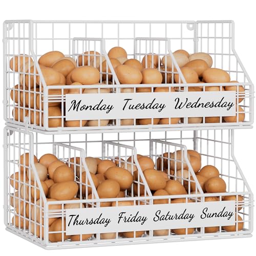 Egg Basket, Stackable Wall Mount Egg Holder Countertop with Weekday Labels | Rustproof carbon steel basket with adjustable dividers, ideal for backyard poultry, small kitchen & pantry storage, 2T White - color: White, size: 2-Tier（with printed labels）