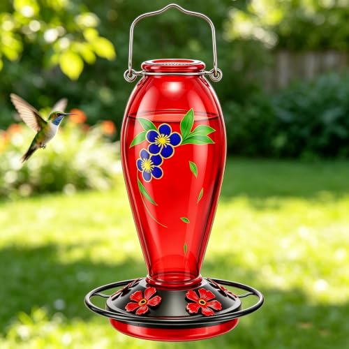 24 OZ Hummingbird Feeder for Outdoors Hanging, | Heavy-Duty Thick Glass With Floral Decals, Leak-Resistant Metal Base, 5 Feeding Ports & Perch - color: Red