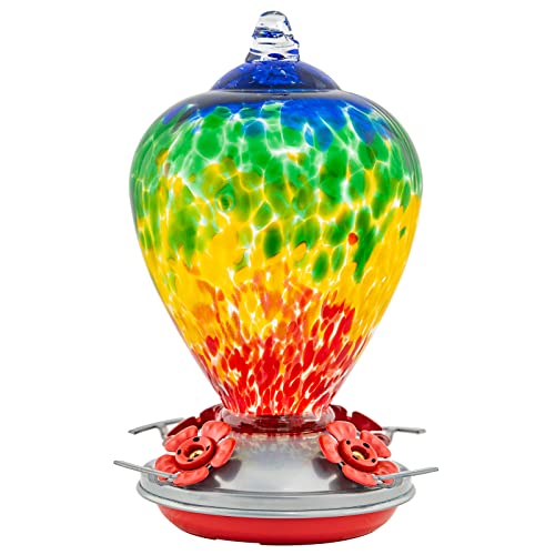 Hummingbird Feeders, 34OZ Hand Blown Glass Hummingbird Feeder for Outdoors Hanging with Ant MoatHooks, Perfect for Gardening Yard Patio Decor Gifts (Rainbow) | Decorative Self Hanging Nectar Bird Feeder for Hummingbirds, Garden Patio Yard Use - color: Rai