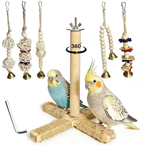 360° Rotating Bird Perch Stand - 4 Perches + 5 Natural Chew Strand, Natural Bird Cage Accessories, for Small & Medium Birds Parakeets Cockatiels Lovebirds Budgies - color: Natural