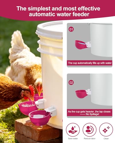 Chicken Waterer Cups (8 Pack) with 3/8" Drill Bit - Purplish Red | Automatic Poultry Drinker Feeder Kit for Chickens, Ducks, Turkeys, Quail, Bunnies | DIY Gravity Fed Bucket Water Dispenser - color: Purplish Red, size: 8 Pack + Drill bit