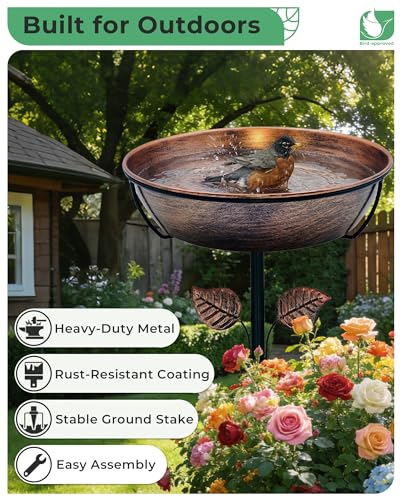 13" Metal Bird Bath for Outside 3" Deep Removable Bowl with Stake | Easy Cleaning, Weather Resistant, 5-Prong Stability, Adjustable Height, 1.4 Gal Capacity, Bird Lover Gift - size: 13 "diameter, 3" depth