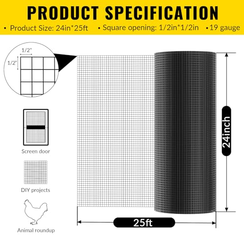 Hardware Cloth PVC Coated Wire Mesh 24'' x 25' 1/2inch Mesh Black Vinyl Coated Fence Chicken Wire Fencing 19 Gauge Chain Link Fence for Chicken Coop, Animal Control,Gutter Guard, and Home Improvement - color: Black, size: 24 x 25 1/2 inch