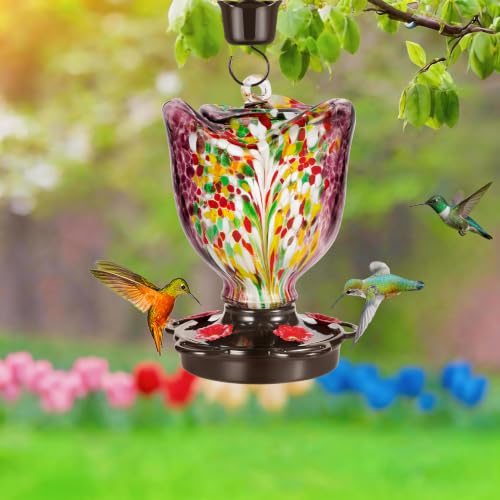 LUJII Rose Shaped Hummingbird Feeder for Outdoor Hanging, Hand-Blown Glass, 25 fl.oz, Leak-Proof and Rustproof, with Ant Moat and 5-Port Metal Cover, Purple - color: Purple