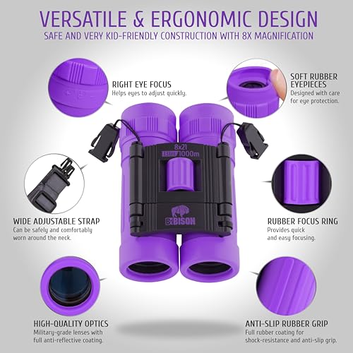 BeBison Binoculars for Kids and Adults - 8x21 High Resolution Real Optics - Compact Folding Shockproof Kids Binoculars for Bird Watching - Spy Games - Outdoor Play for Boys and Girls - color: Purple
