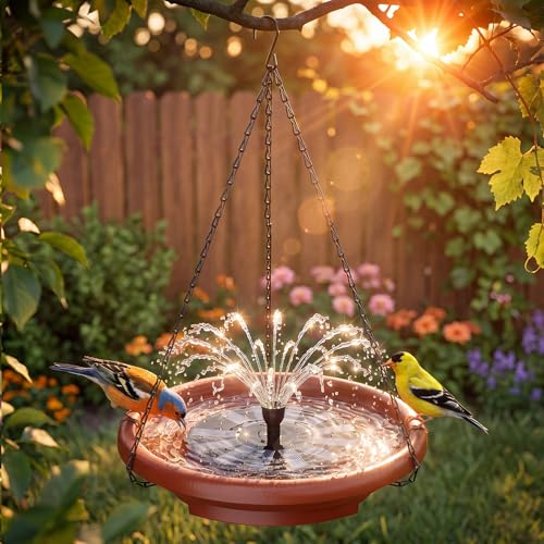 AISITIN 15" Hanging Bird Bath with Solar Fountain & 3‑Tier Step Design | Outdoor Hanging Bird Bath Bowl, Solar Powered Water Fountain for Gardens, Patios, Lawns, and Backyard Bird Feeding Stations