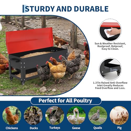 120LB Large Metal Chicken Feeder Box, Galvanized Steel | Automatic Poultry Feeding, Waterproof Red Lid, Brake Casters, Portable Handles, For Chickens, Ducks, Geese, Hens, Roosters