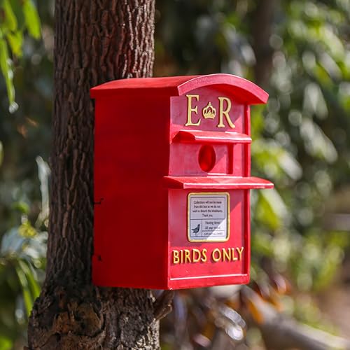 Vintage Red Post Box Bird Feeder Weatherproof Resin Tree Mount Garden Yard Decor