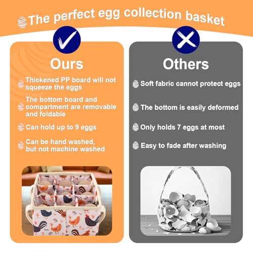 Eggs Collecting Basket, Egg Bags with 9 Pouches, Durable Canvas Eggs Holder with Bottom PP Board, Collector & Container for Duck, Chicken, Goose Egg