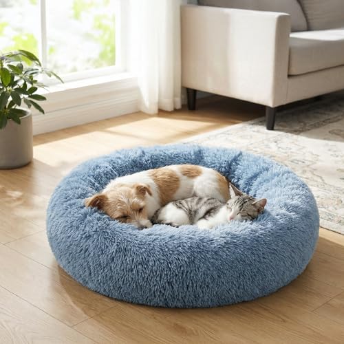 PetAmi Calming Donut Dog Bed, Washable Faux Fur, 30 Inch Medium, Blue | Warm Shaggy Faux Fur and A Deep Nest Help Anxious Pets Curl Up and Sleep Soundly. Perfect for Puppies, Cats, and Rescues. - color: Dusty Blue, size: Medium - 30"