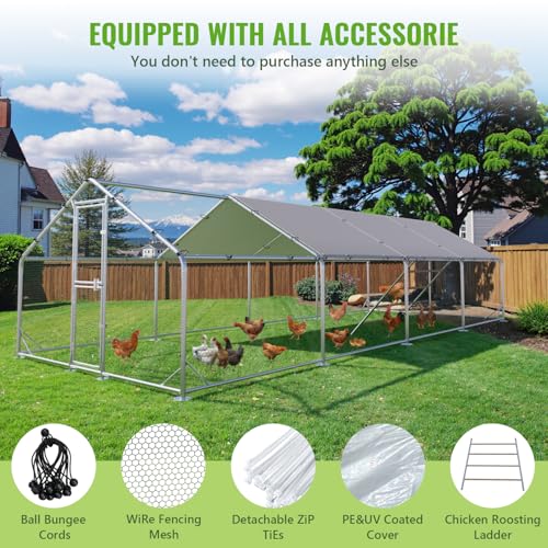 Large Metal Chicken Coop Runs for Yard with Cover, 10x26x6.5 | Perch Bars, Split Doors, Waterproof Covers, Mesh Wire - color: Spire Top, size: 315.0"L x 118.1"W x 78.7"H