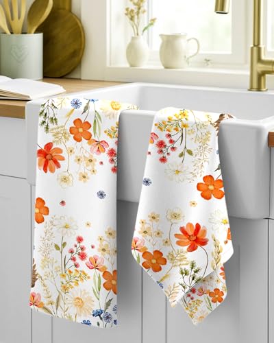 150GSM Flour Sack Kitchen Towels Set of 2, Red Flower | 18"x26", Lightweight, Lint-Free, Pure Cotton, Decorative, with Hanging Loop, Absorbent, Softer after Wash, Giftable Package - color: Red Flower