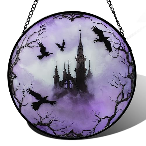Stained Glass Window Hanging - Halloween Gothic Castle Purple Smoke Suncatcher for Doors Garden Home Spooky Crow Sun Catchers Gothic Decor Horror Gift for Women Men Friend Boy Girl 9.8 in - color: Purple and Black, size: 9.8x9.8 IN