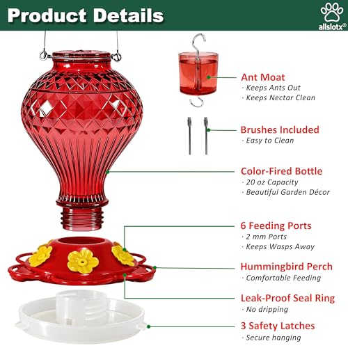 Glass Hummingbird Feeder for Outdoors Hanging, 20 oz Nectar Capacity, 6 Feeding Ports, Leak-Proof Rust-Free Plastic Base, Easy to Refill & Clean, Decorative Red Glass Bird Feeder for Garden Patio - color: Red, size: 20 Fluid Ounces