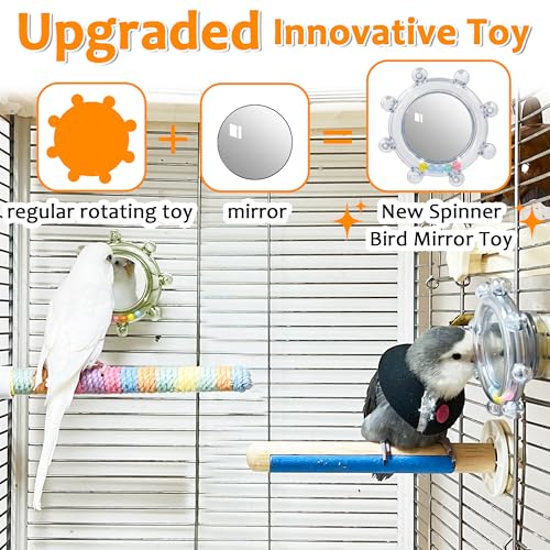 2Pcs Innovative Bird Toy with Mirror, Spinner Toy with Rustling Beads | Safely Embedded No Sharp Edges Parakeet HD Mirror for Cage, Flexibly Mounted Rotating Budgie Enrichment Fits Any Cage - style: 2pcs with mirror