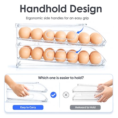SMRCAD 24-Egg Dispenser with Silicone Bumpers, Auto-Rolling, Stackable | BPA-free food-grade PET | Stackable with lid | Built-in handle | Fits Large to Jumbo Eggs | Hand wash only - size: 2 Layer Holder 24 Eggs (M SIZE)