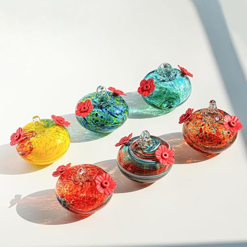 6 PCS Hummingbird Feeders for Outdoors Hand Blown Glass Hummingbird Feeder | 3.1 Inch Hanging Glass Humming Bird Feeders with 2 Flower Feeding Ports for Window Outside Garden Decor Gift
