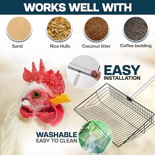 Chicken Poop Scooper - Chicken coop accesories with Hook and Brush, Durable Metal Litter Scoop Heavy Duty and Rust Resistant for Poultry Farmers, Easy to Clean, Lightweight and Portable coop Scoop