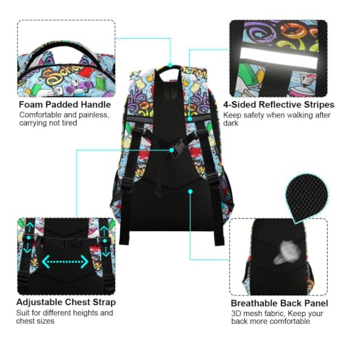 Kids Graffiti Art Backpack for Boys Girls School Bags | Elementary Middle, Travel Daypack Lightweight Waterproof with Reflective Strip - color: Graffiti Art