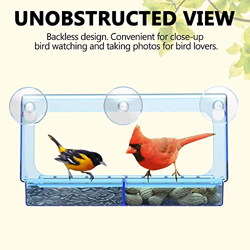 LUJII Blue Window Bird Feeder with 5 Super Strong Suction Cups, All One Piece Construction, Removable Seed Tray, Accommodates Large Birds Like Cardinals or Blue Jay for Outside Wild Bird Feeding - color: Blue, size: M
