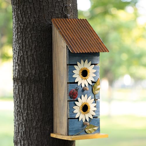 Glitzhome Bird Houses for Outside, 15" H Two-Tiered Wooden Bird House Patio Garden Hanging Birdhouse, Distressed Daisy Pet Cottage Decorative Birdhouse for Outdoors,Washed Blue - color: 15"H Blue