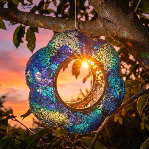 Sunnydaze Mosaic Glass Bird Feeder, Fly-Through, Indigo Flower Mosaic | 10" Small Unique Hanging Bird Feeder for Outdoors, Drainage Hole, Weather-Resistant, Birdfeeder for Cardinals, Jays, Finches - color: Indigo Flower Mosaic
