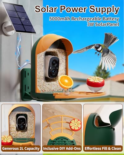 Smart Bird Feeder with Camera, Solar Powered, 2K HD, Night Vision | Watch birds in stunning 2K, receive app alerts, enjoy wireless setup, solar charging and reliable IP66 outdoor durability - color: Green, size: With Stand