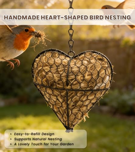 Bird Nesting Heart with Natural Fibers, Refillable Material Holder | For hummingbirds, outdoor garden art decor, gift for bird lovers