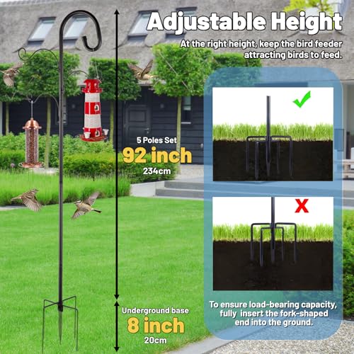 4-Hook Shepards Hooks for Outdoor,Adjustable 92 Inch Bird Feeder Pole with 5 Base Prongs,Garden Planter Stakes Suitable for Garden in Hanging Flower Basket,Lantern,Outdoor Décor