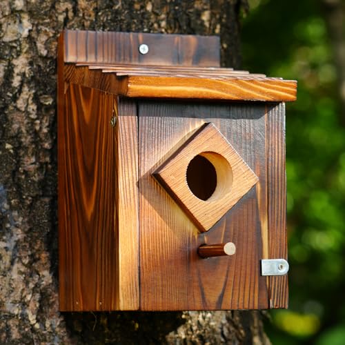 Waterproof Wooden Bluebird House, Weather-Treated Bird Box for Outdoors | Carbonized Wood, 1.5 Inch Entrance Diameter, No Assembly Required Design, Easy to Clean, for Swallows, Finches, Chickadee - color: dark brown