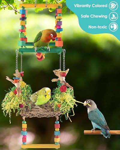 DBNESS Bird Hammock Toys Parakeet Perches Swing, 3in1 Detachable Parrot Cage Accessories, Wooden Hanging Chew Toys for Medium Conure Cockatiel Quaker Lory