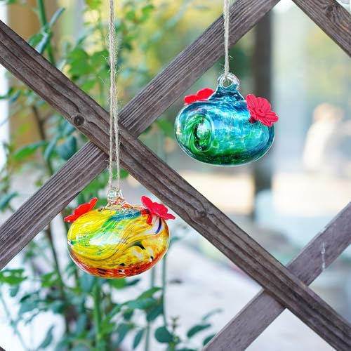Pack 2 Blown Glass Hummingbird Feeders for Outdoors Window Hanging | Ant and Bee Proof - color: Color-3